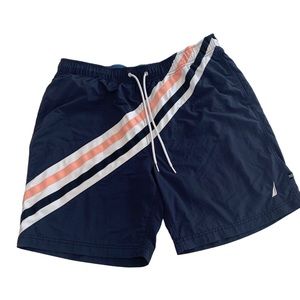 Nautica Swim Trunks Mens Blue Pink Striped Beach shorts Drawstring Sz XL